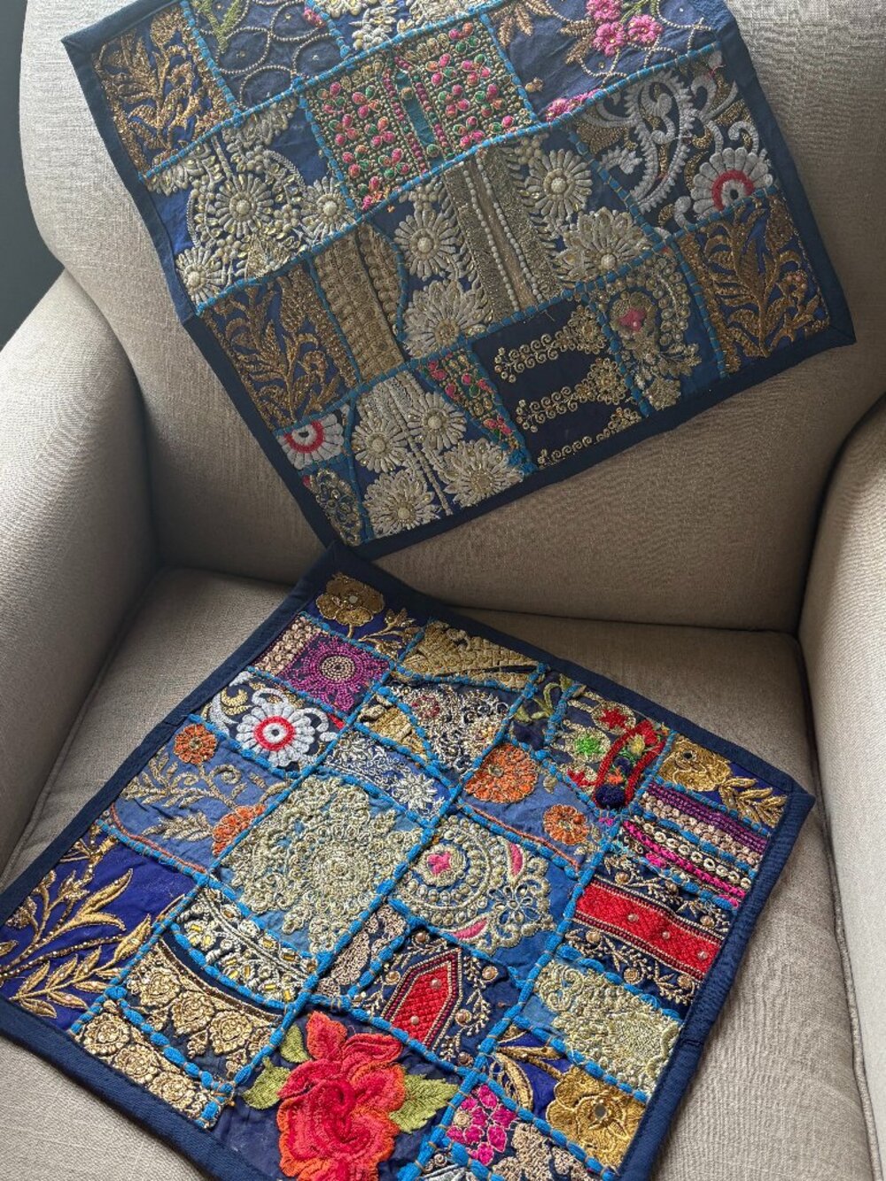 Boho Indian Patchwork Cushion Cover Blue Embroidered 17x16.5” set of 2